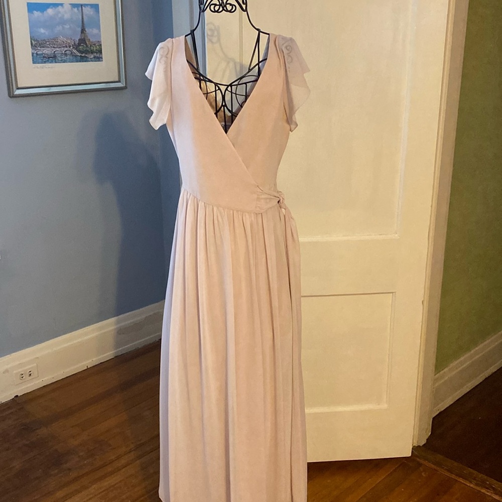Elegant Full length, wrap around gown with flutter sleeves